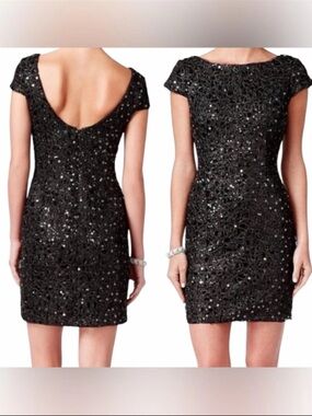 Adrianna Papell Black Sequin Backless Cap-Sleeve Cocktail Dress size 12